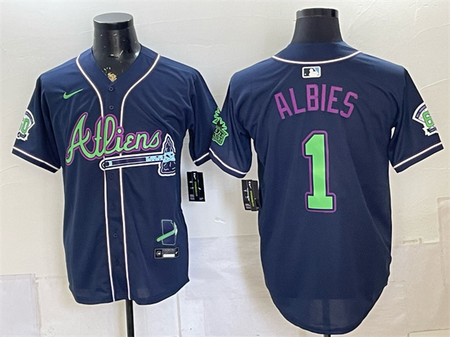 Men's Atlanta Braves #1 Ozzie Albies Navy Galaxy With Outkast Patch Vapor Limited Stitched Baseball Jersey